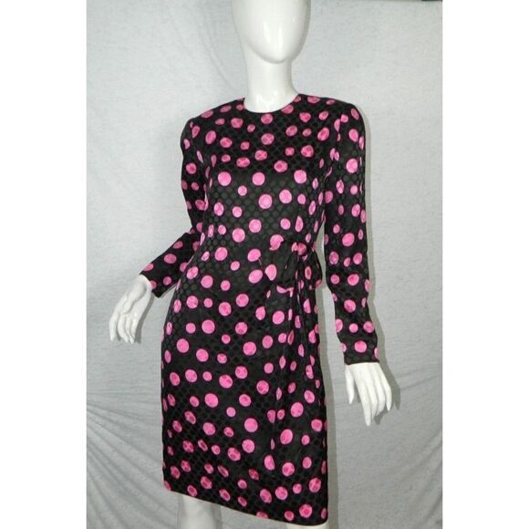 Vintage David Hayes Dress Vintage Black‎ Fuchsia Pink Silk Polka Dots Size 8 - Picture 10 of 12